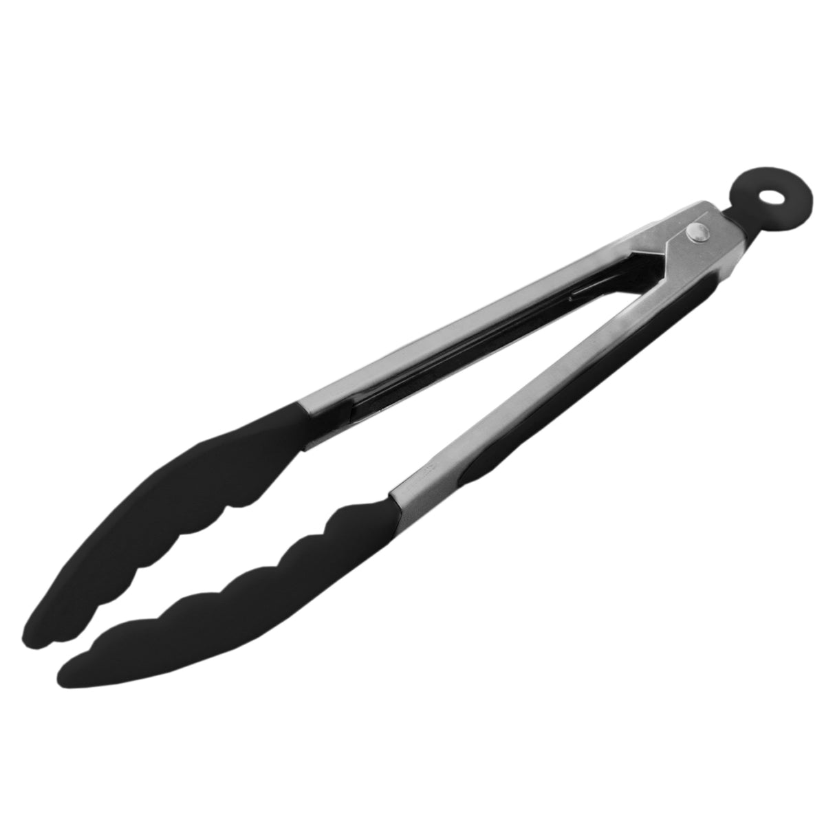 Pinces en acier inoxydable avec poignées en silicone noir, idéales pour manipuler les aliments chauds en toute sécurité et confortablement
