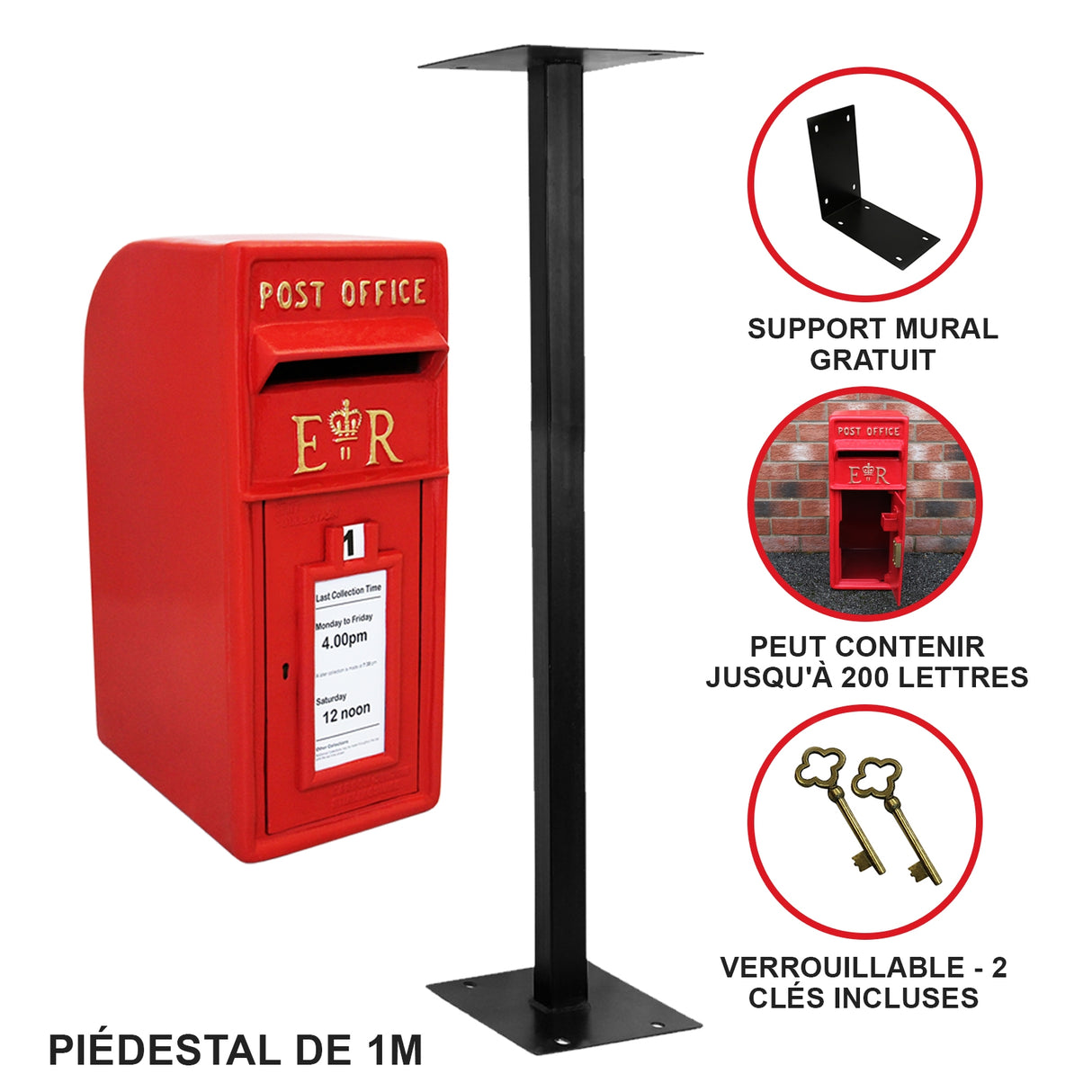 Boîte aux lettres rouge brillante en métal avec support noir, conçue pour contenir jusqu'à 200 lettres, serrure incluse