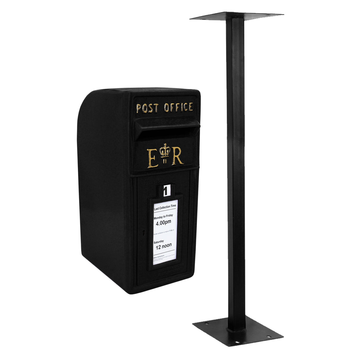 Boîte aux lettres noire élégante avec support en métal, ornée d'un lettrage doré et d'une fente pour le courrier, design classique