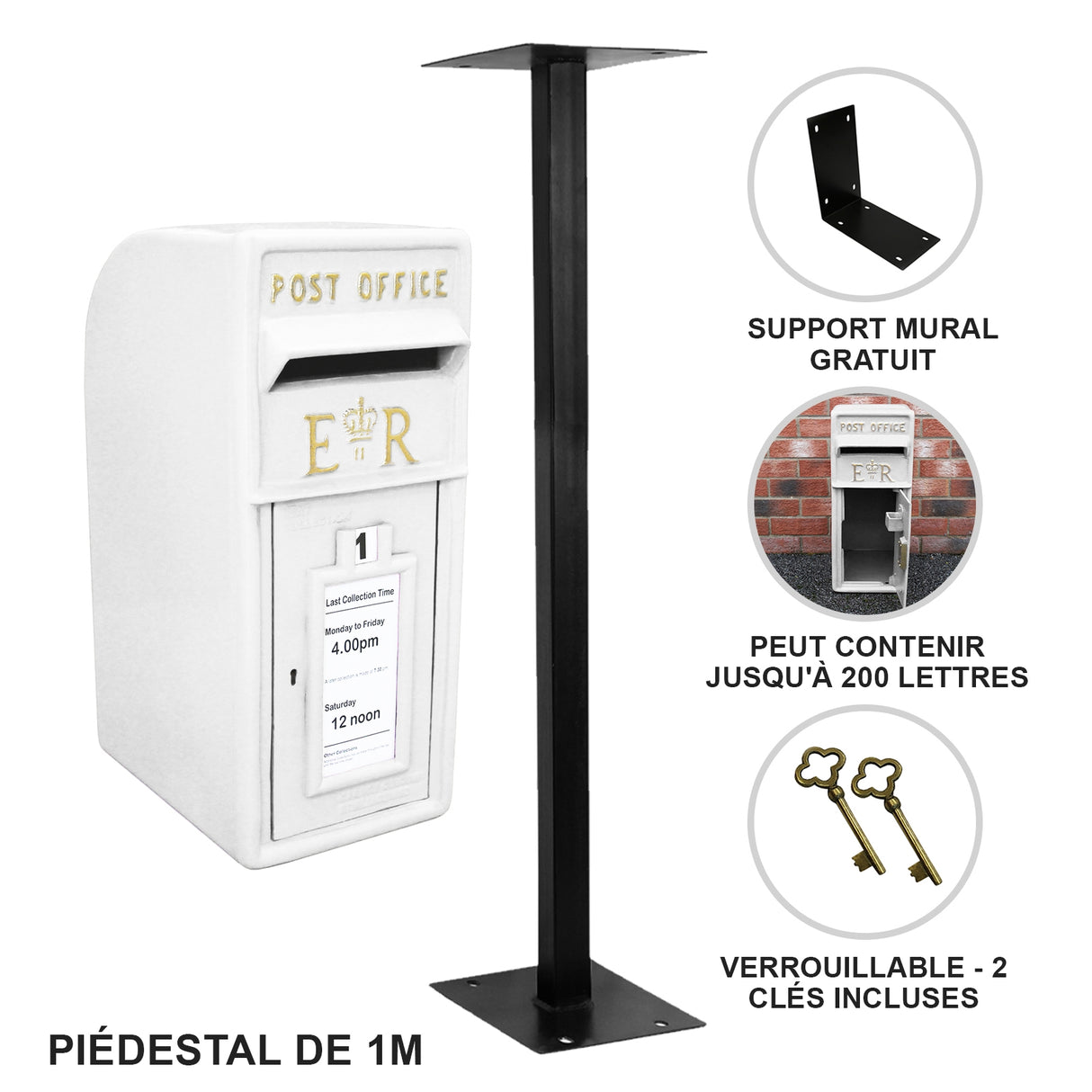 Boîte aux lettres blanche élégante avec support noir, conçue pour contenir jusqu'à 200 lettres, avec verrouillage et deux clés incluses