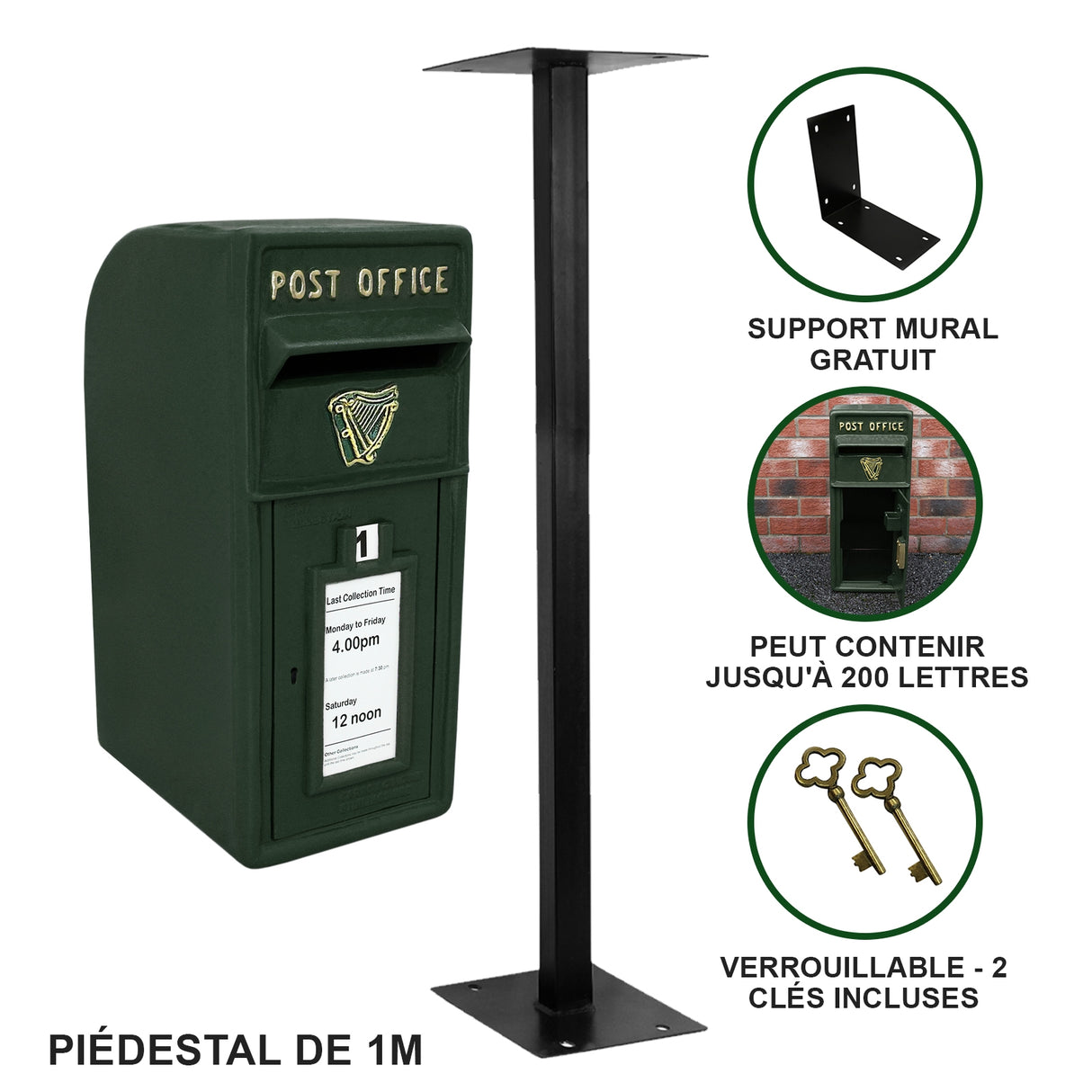 Boîte aux lettres verte en métal avec support noir, design classique, pouvant contenir jusqu'à 200 lettres, serrure incluse