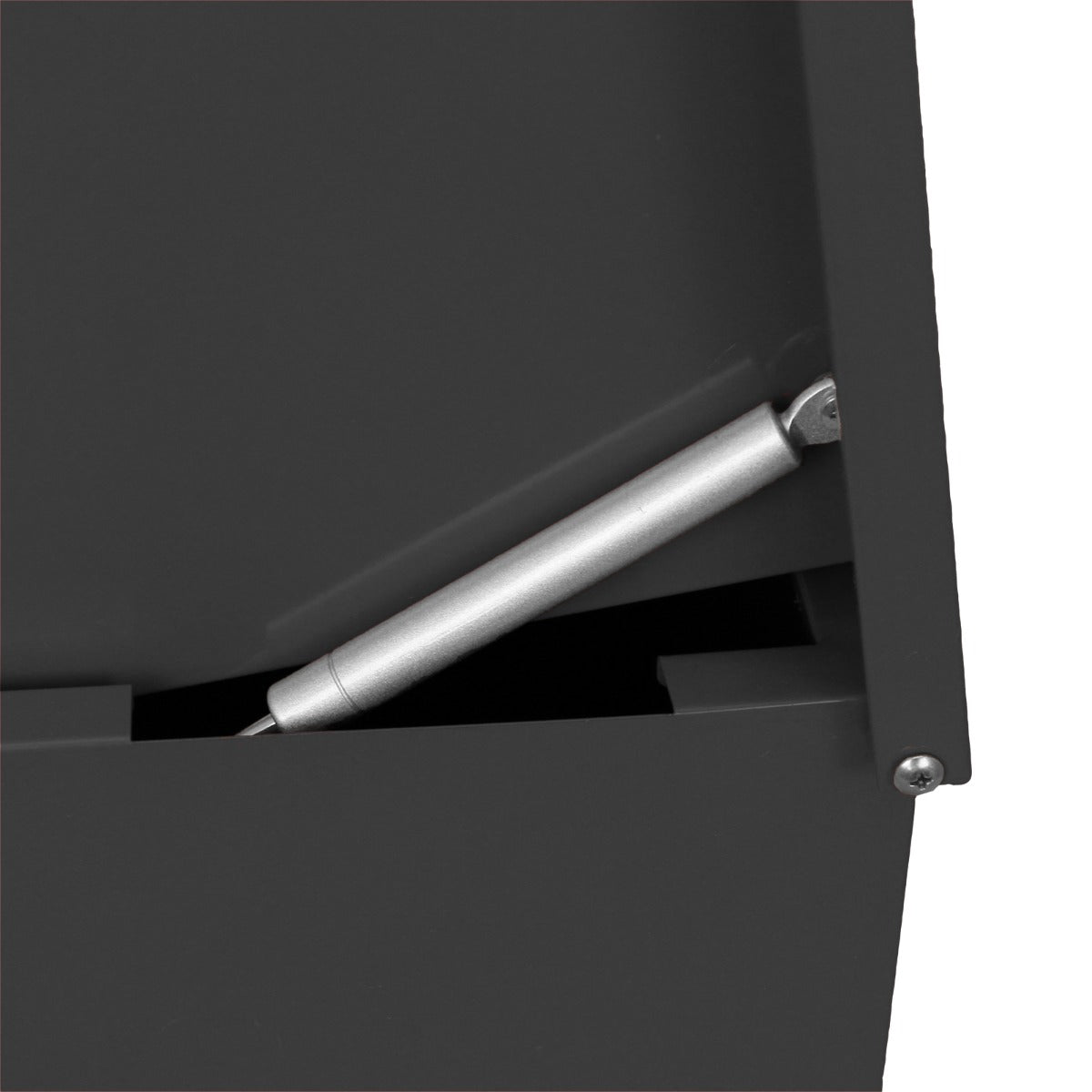 Boîte à colis noire en métal avec un mécanisme de fermeture, finition lisse et design moderne, idéale pour le rangement sécurisé