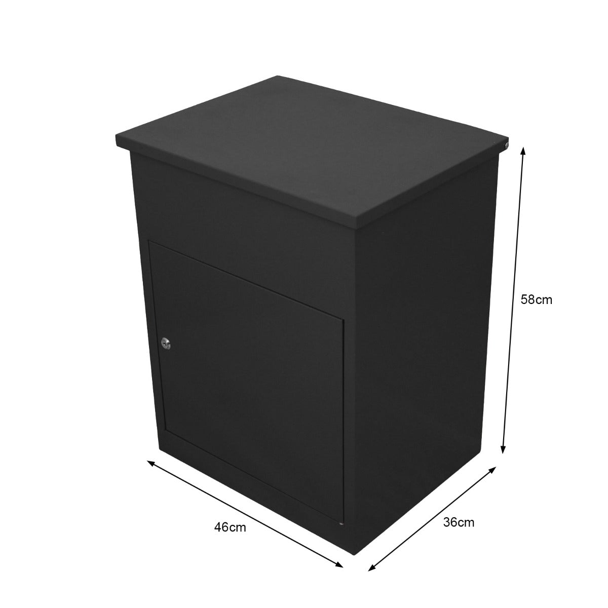 Boîte à colis noire en bois, design moderne, dimensions 46 cm x 36 cm x 58 cm, avec une porte verrouillable pour sécurité