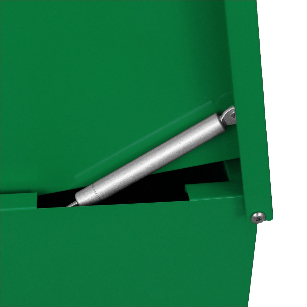 Boîte à colis en métal vert vif avec un mécanisme à ressort argenté, finition lisse et bords arrondis pour un design moderne