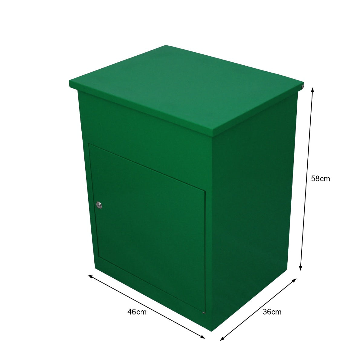Boîte à colis en vert, finition lisse, dimensions 46 cm x 36 cm x 58 cm, avec une porte avant et un design moderne et fonctionnel
