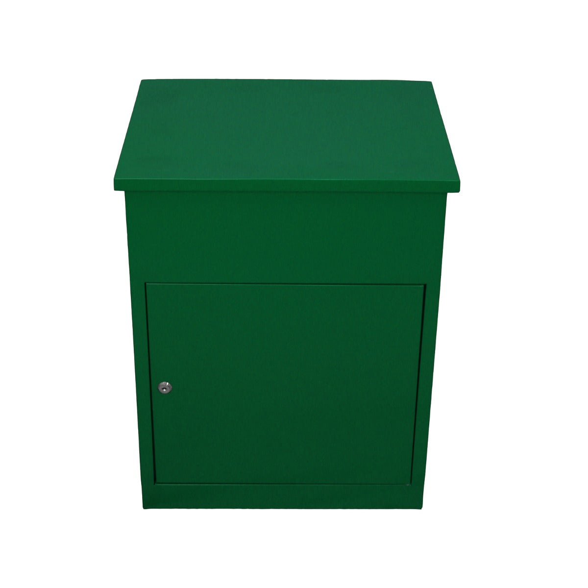Boîte à colis en métal vert, design simple avec un couvercle plat et une porte avant, idéale pour la livraison sécurisée