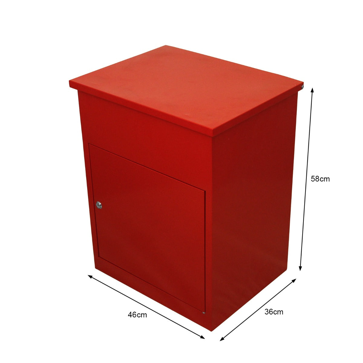 Boîte à colis rouge en bois, finition lisse, dimensions 46 cm de large, 36 cm de profondeur et 58 cm de hauteur, avec porte sécurisée
