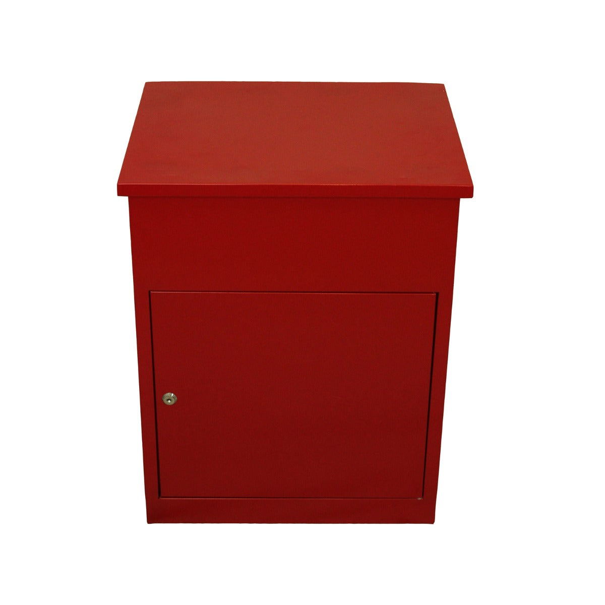 Boîte à colis rouge en bois, avec une finition lisse, un design carré et une porte à clé pour un rangement sécurisé