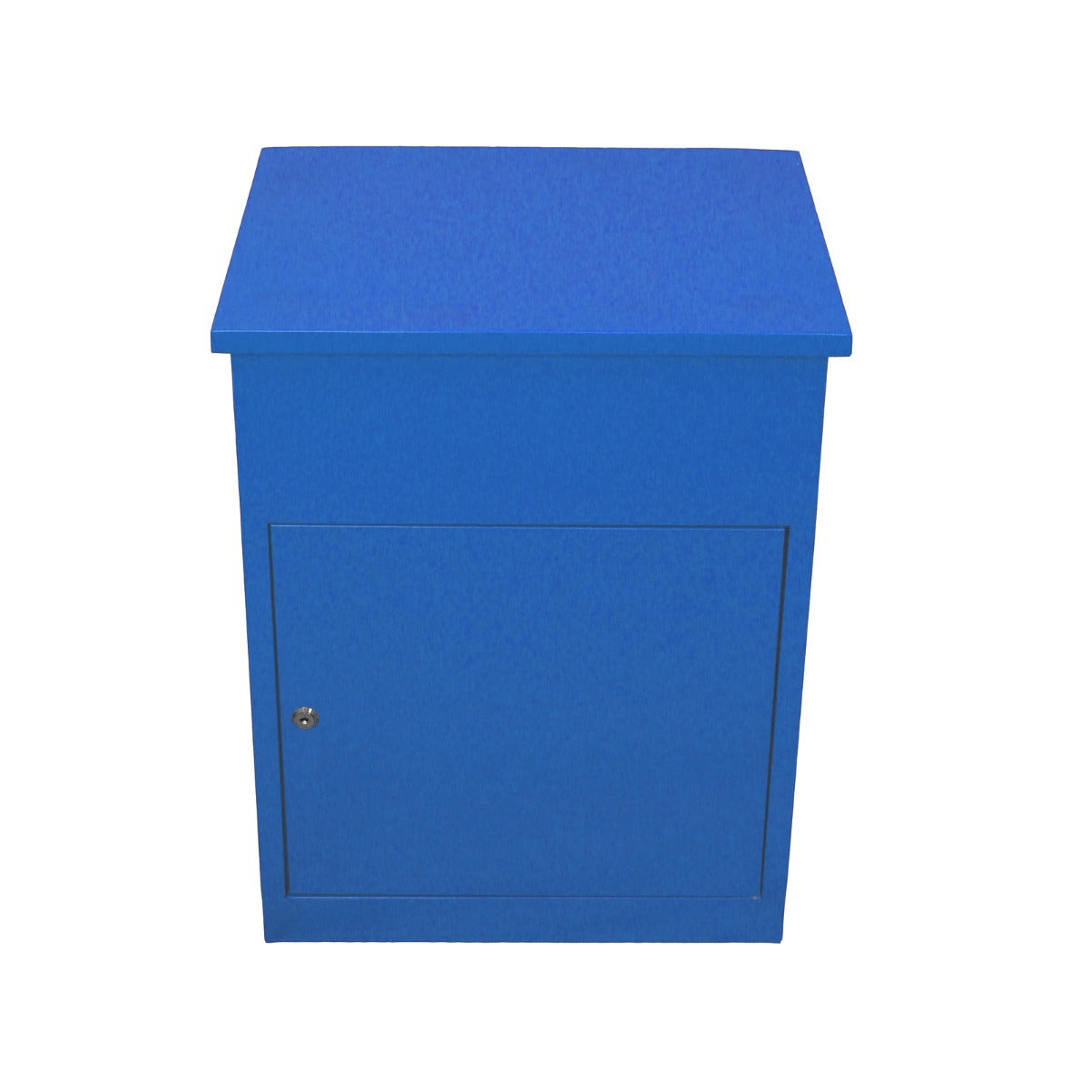Boîte à colis en métal bleu vif, avec un design simple et une porte à clé, idéale pour la sécurité des livraisons extérieures