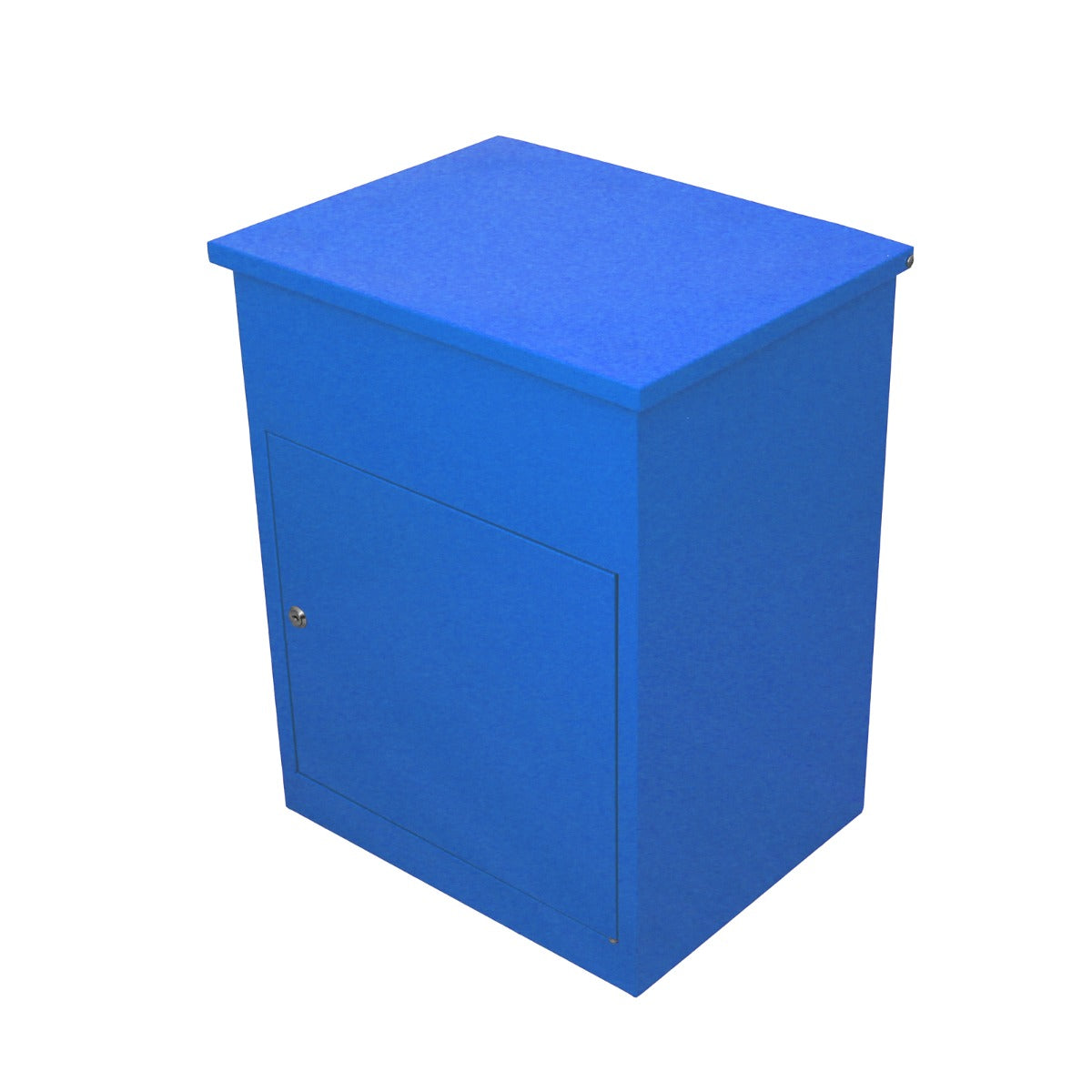 Boîte à colis en bleu vif, avec un design carré, surface lisse et porte avant, idéale pour le rangement et l'expédition