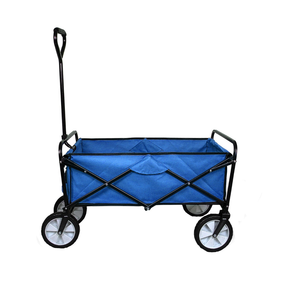 Chariot pliable de jardin bleu avec cadre noir, roues robustes et poignée ergonomique, idéal pour le transport de jardinage et de loisirs