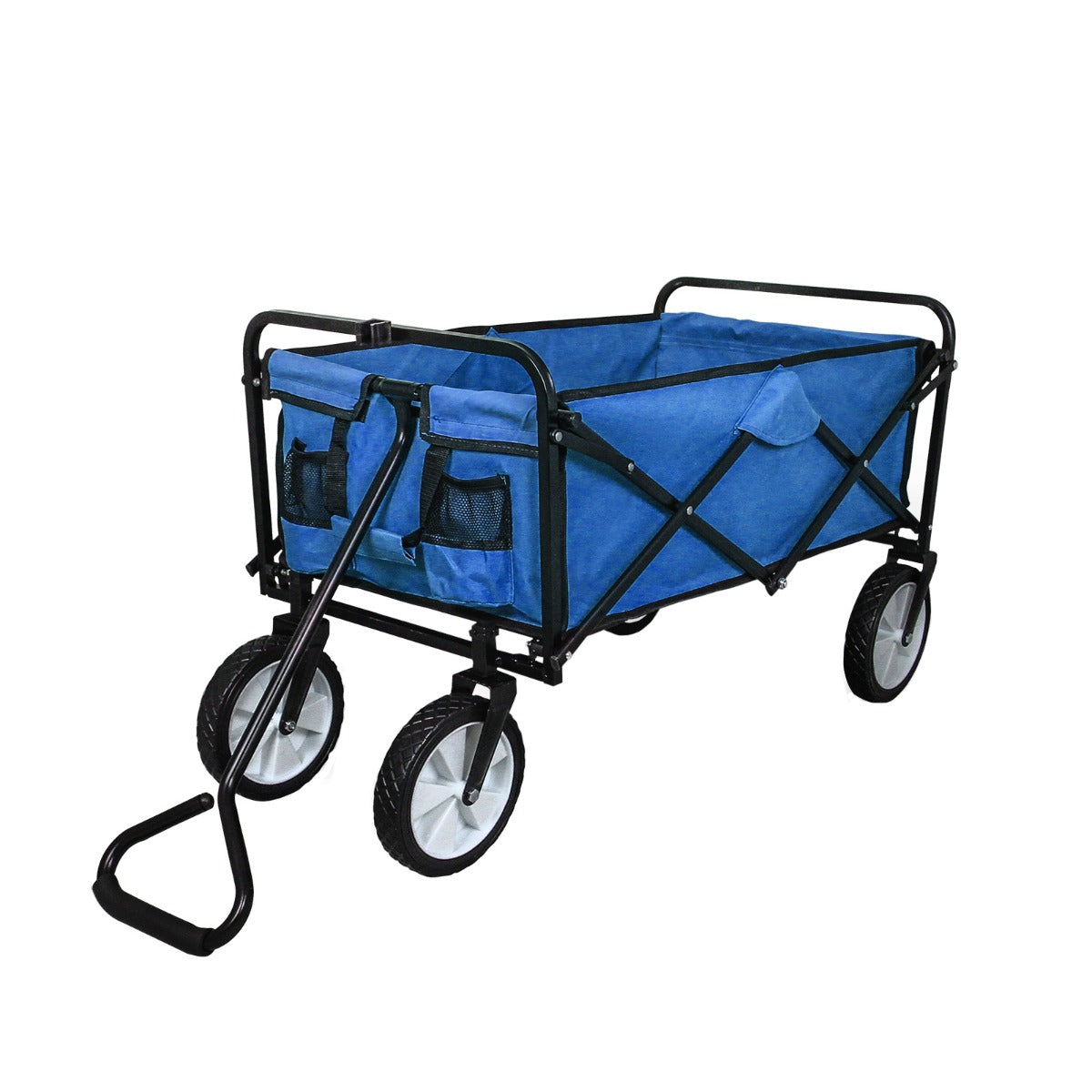 Chariot pliable de jardin bleu avec cadre noir, roues blanches et poches latérales, idéal pour transporter des outils et des plantes