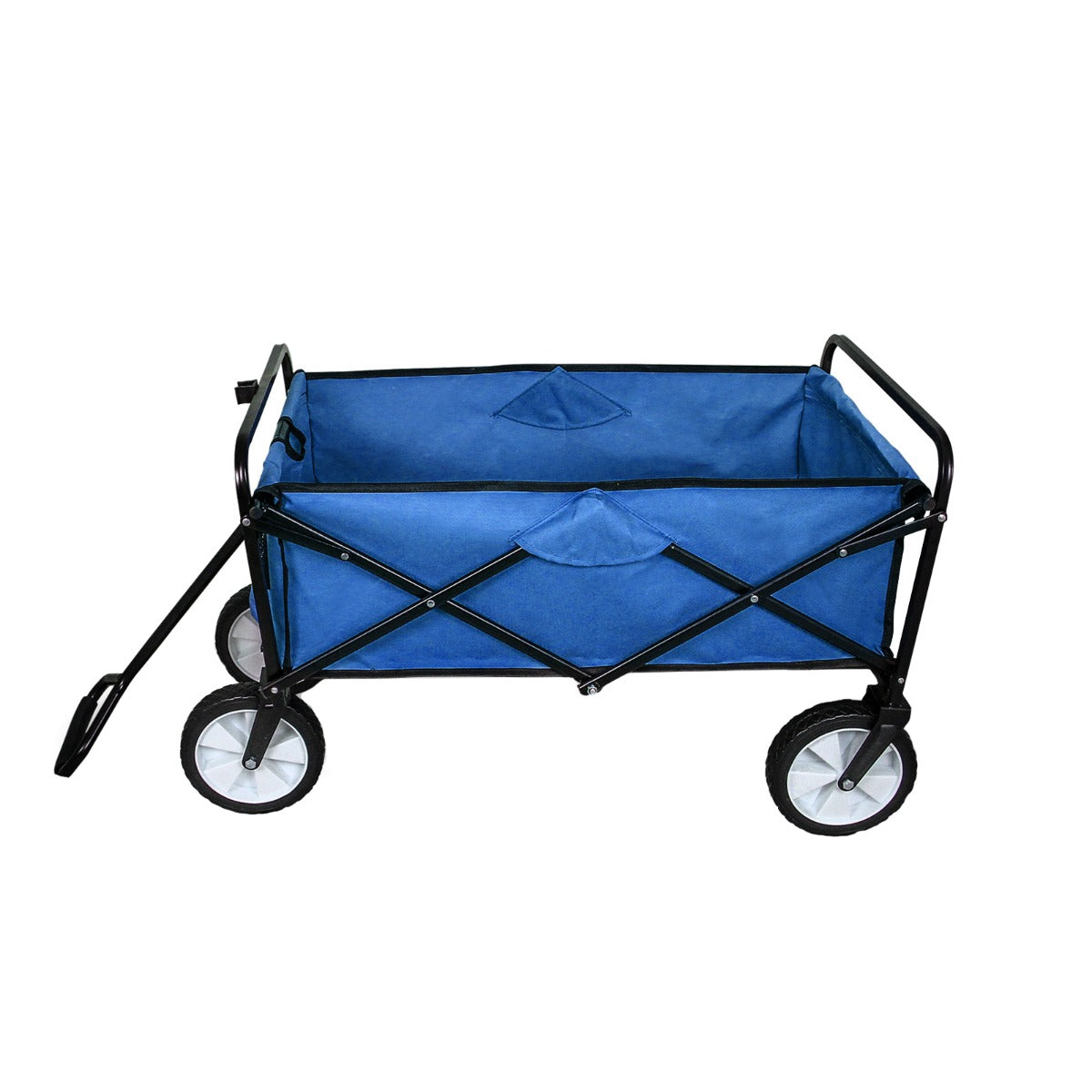 Chariot de jardin pliable bleu en tissu robuste avec cadre noir, roues blanches, idéal pour le transport de plantes et outils