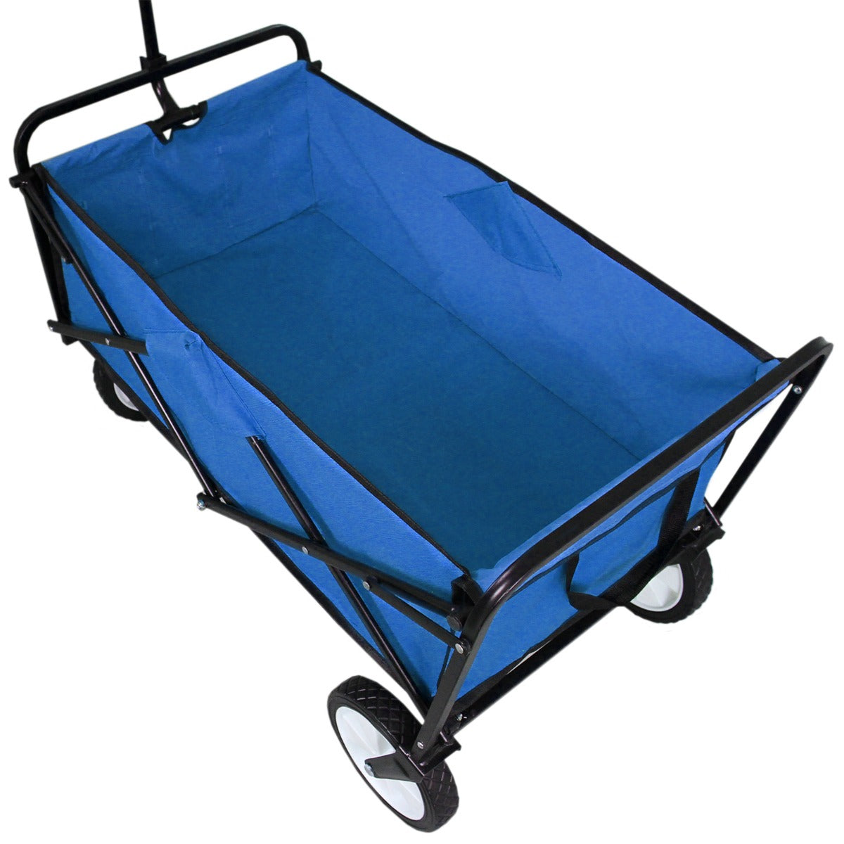 Chariot pliable de jardin bleu avec une structure en métal noir, roues robustes et un intérieur spacieux en tissu résistant