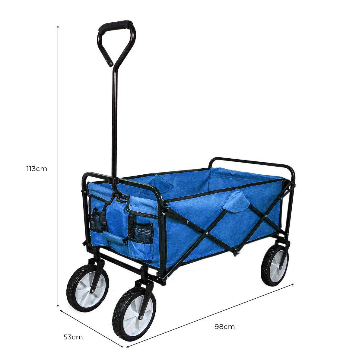 Chariot pliable de jardin bleu avec structure en métal noir, roues blanches, dimensions 98 cm x 53 cm x 113 cm, idéal pour le transport
