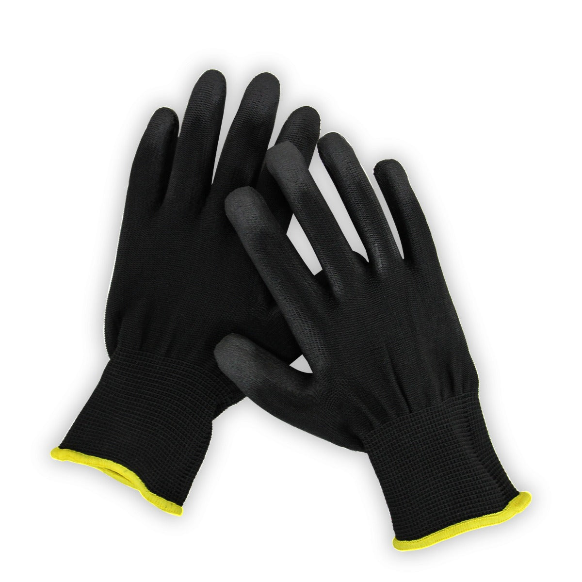 Gants de jardinage noirs avec une finition texturée et des poignets élastiques jaunes, offrant confort et protection pour le jardinage