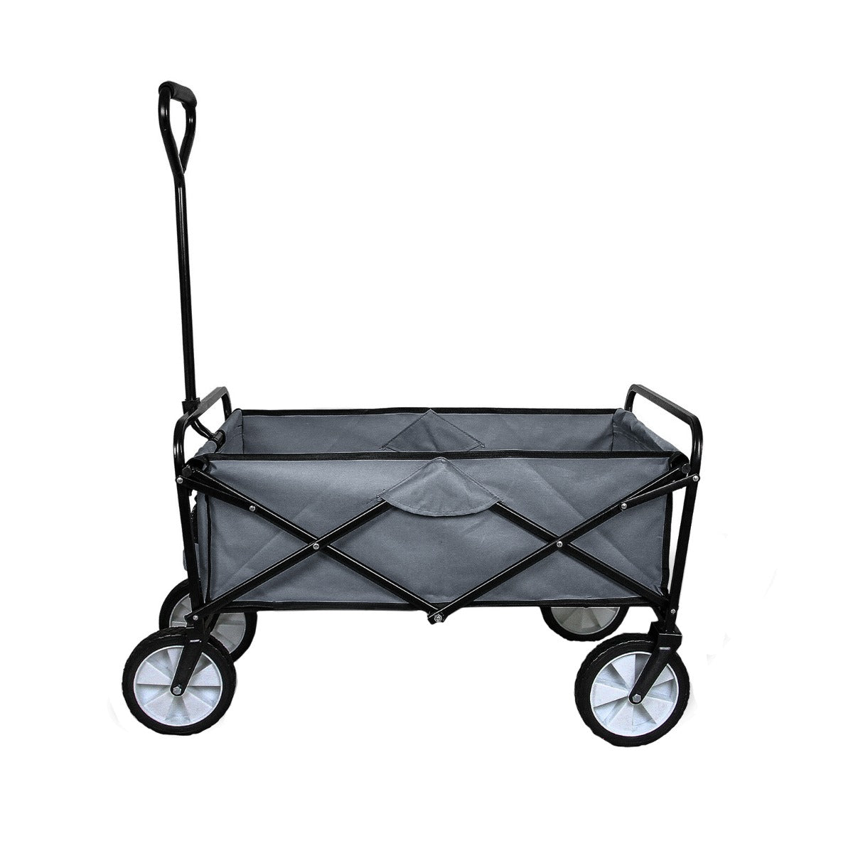 Chariot pliable de jardin gris avec cadre noir, roues blanches, idéal pour transporter des outils et des plantes avec facilité