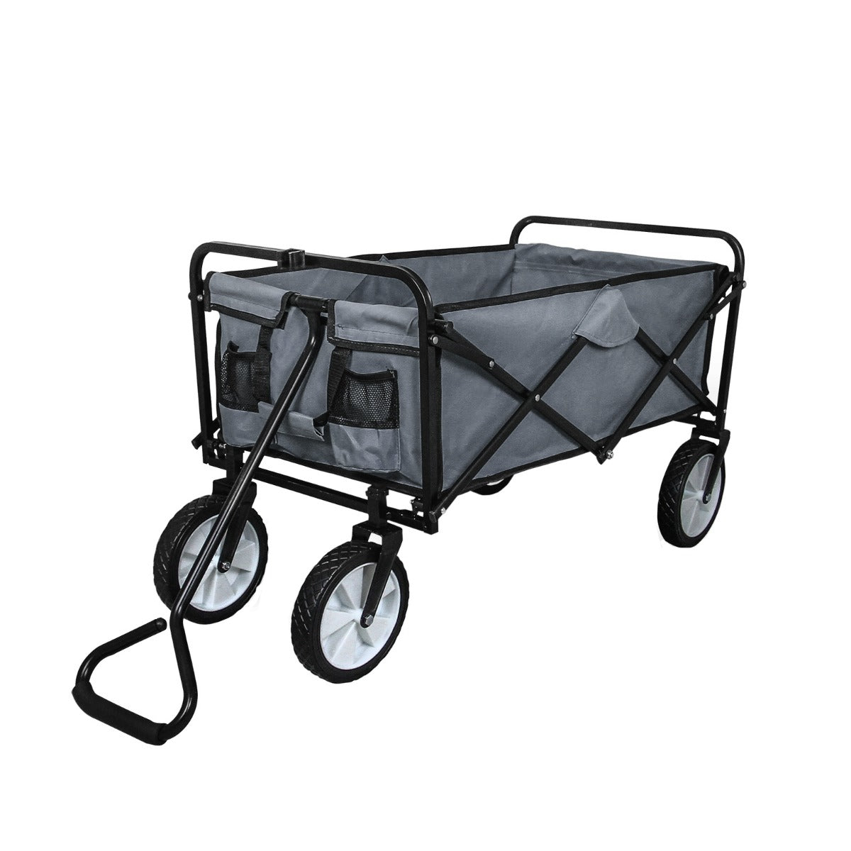 Chariot pliable de jardin gris avec structure en métal noir, roues robustes et poches latérales pour un rangement pratique
