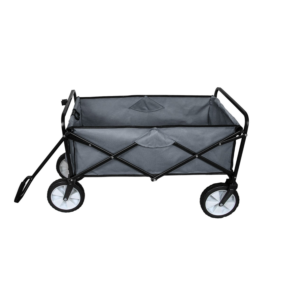 Chariot pliable de jardin gris avec cadre en métal noir, roues robustes et tissu résistant, idéal pour le transport de jardinage