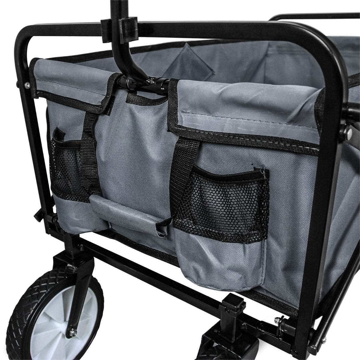 Chariot pliable de jardin gris avec poches en filet, cadre noir, roues robustes et tissu résistant pour un transport facile