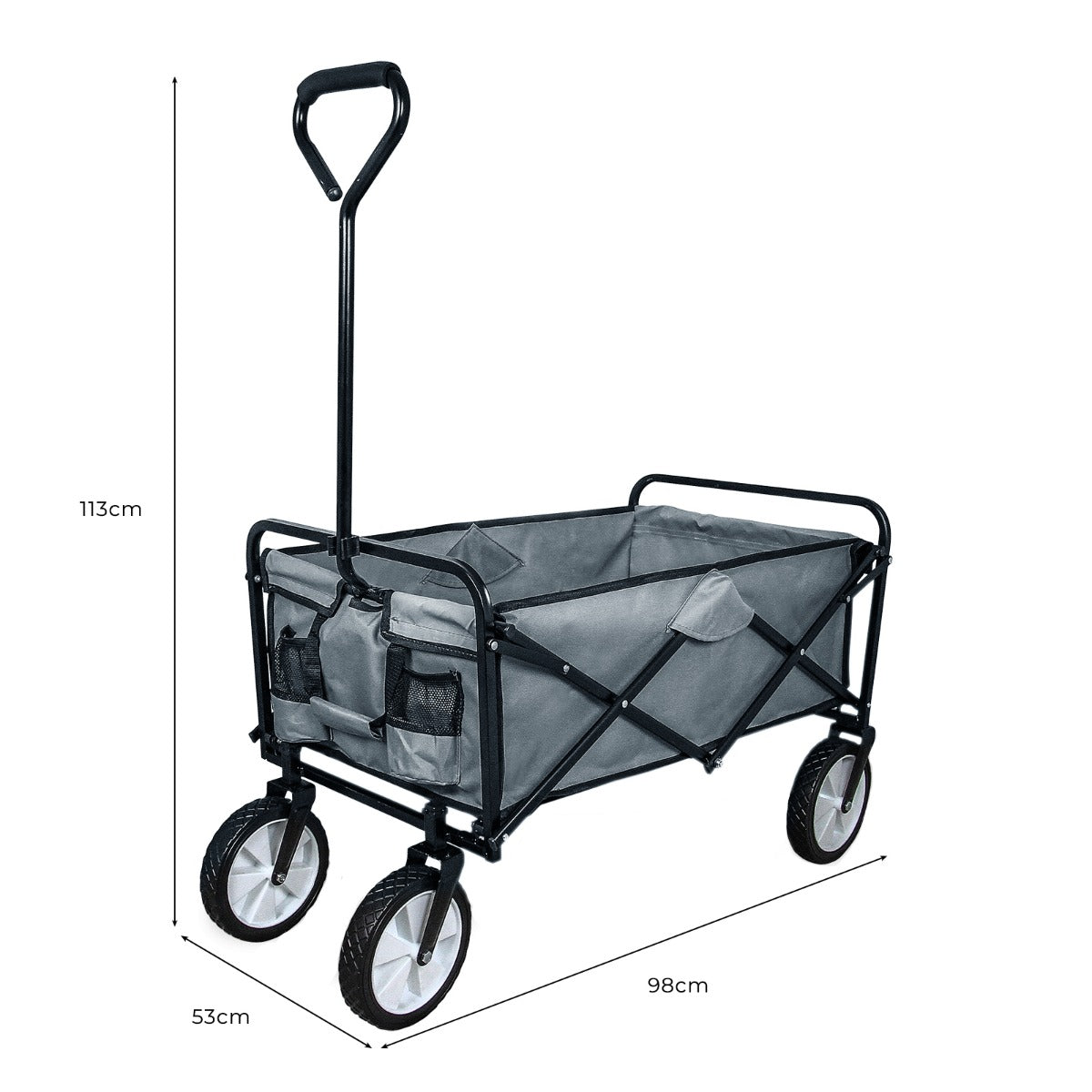 Chariot pliable de jardin gris avec roues blanches, poignées noires, et poches latérales, idéal pour le transport de jardinage