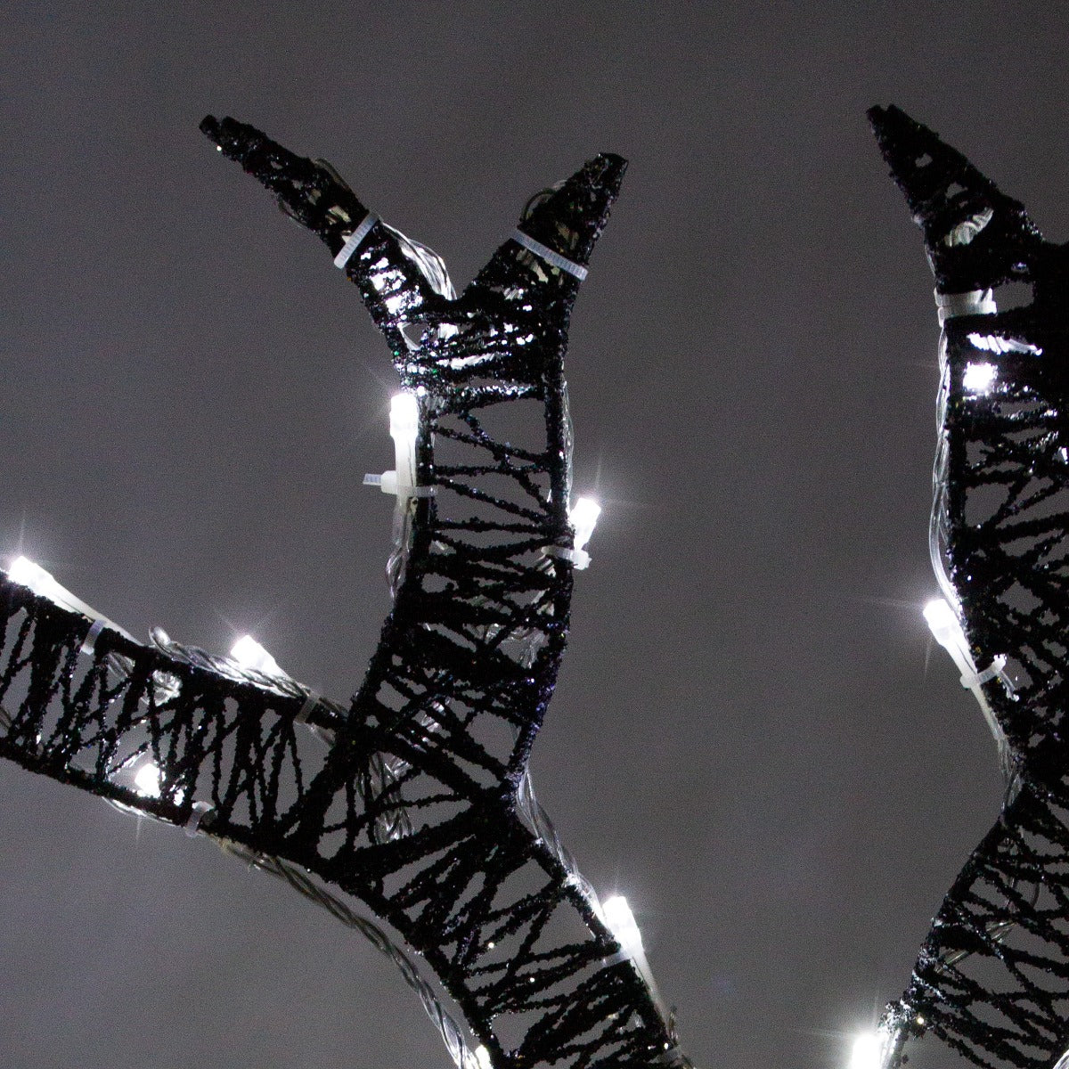 Cerf doré décoré de LED blanc chaud, avec des bois en métal noir texturé, créant une ambiance festive et chaleureuse