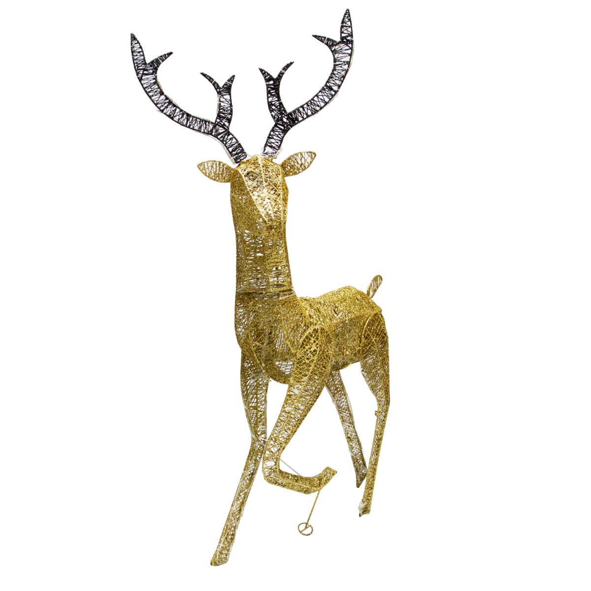 Cerf doré en métal avec des lumières LED blanches chaudes, décoratif, élégant, avec des cornes noires et une texture filigranée