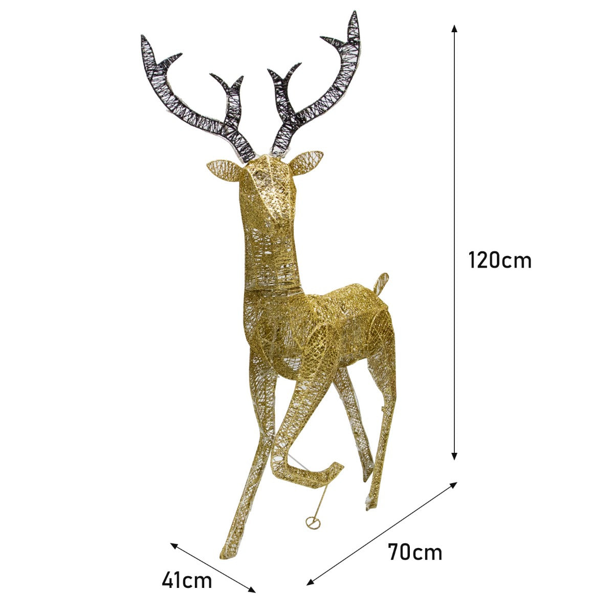 Cerf doré en métal avec des cornes noires, illuminé par des LED blanc chaud, mesurant 120 cm de hauteur et 70 cm de largeur