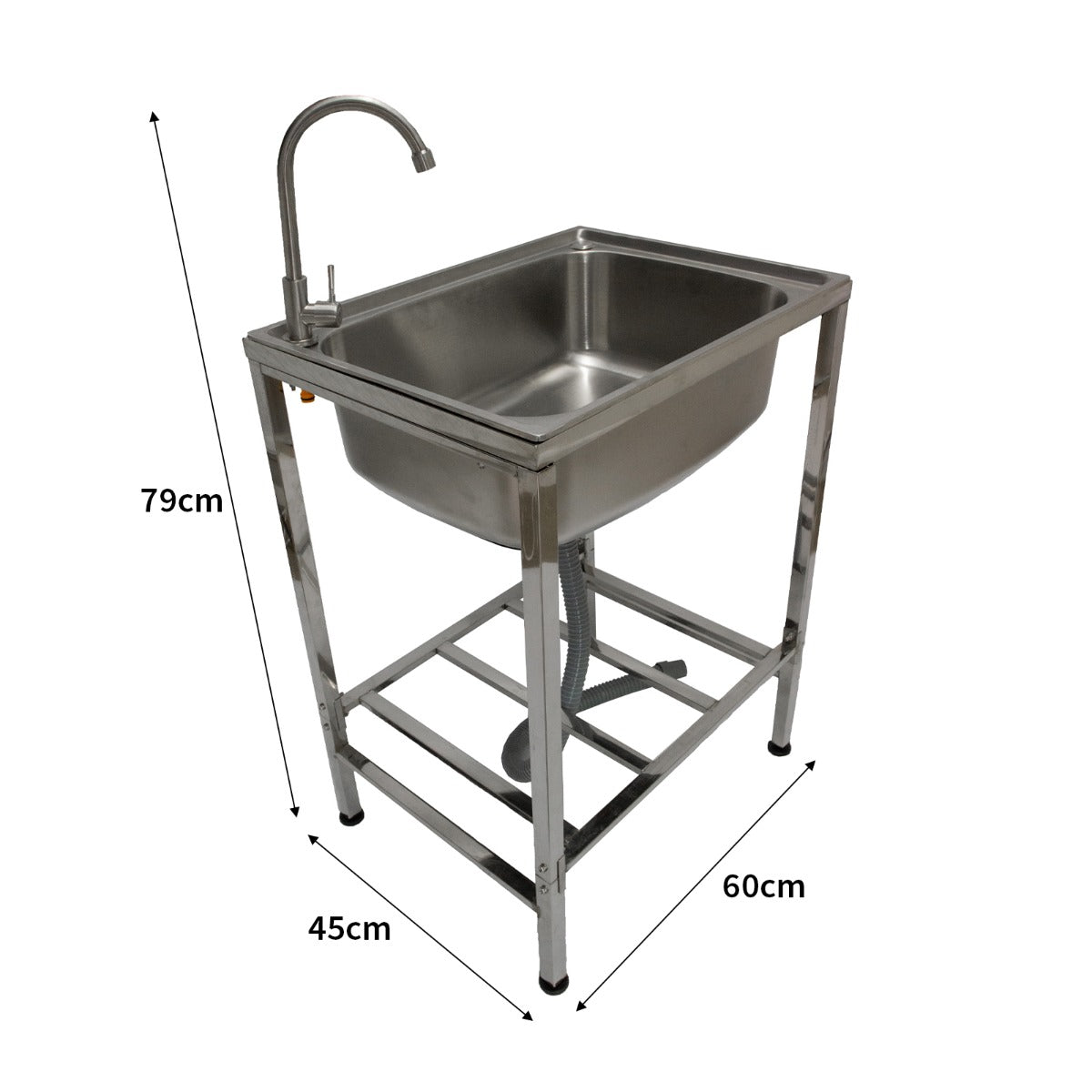 Évier de camping en acier inoxydable, finition brillante, dimensions 60x45 cm, avec robinet et support robuste en métal
