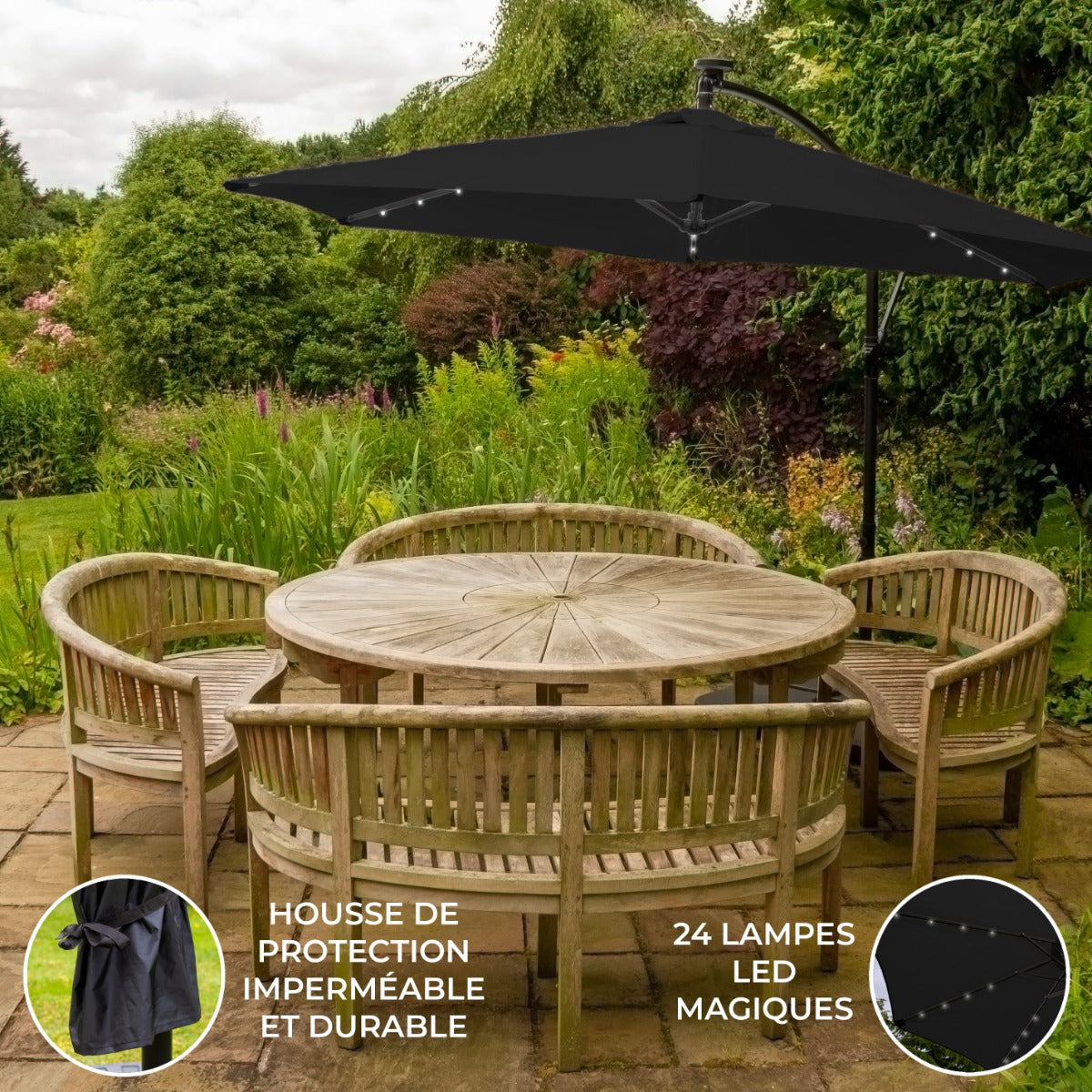 Parasol Noir 3m avec LED's Intégrés