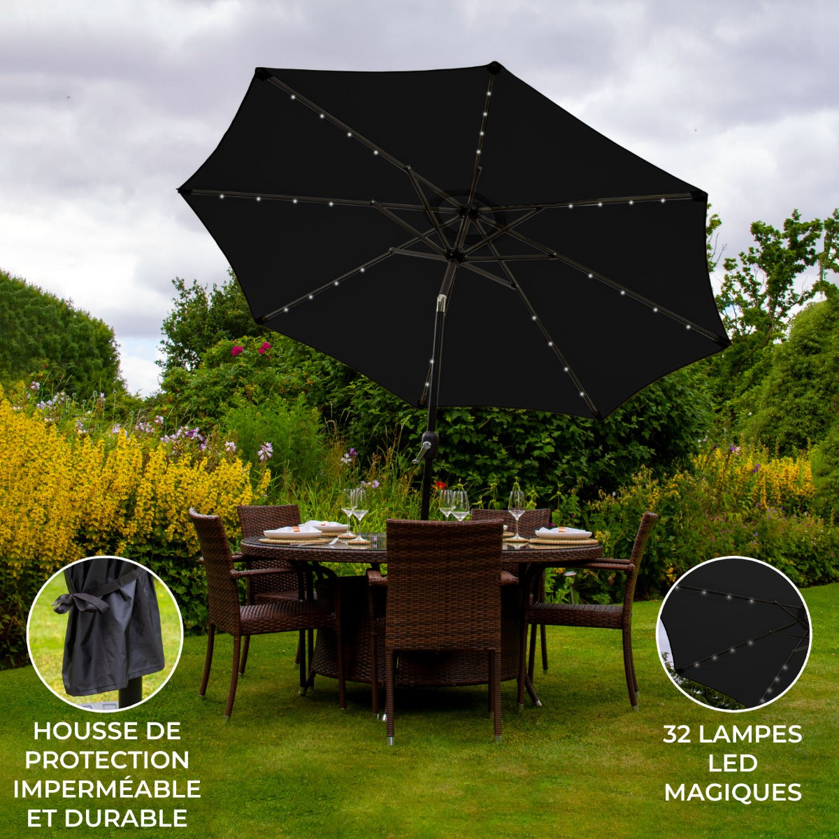 Parasol Noir 270 cm avec 32 LED's Intégrés