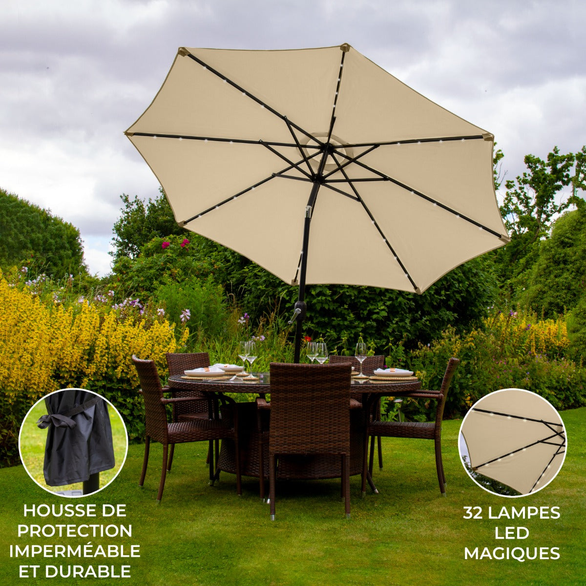 Parasol Beige 270 cm avec 32 LED's Intégrés