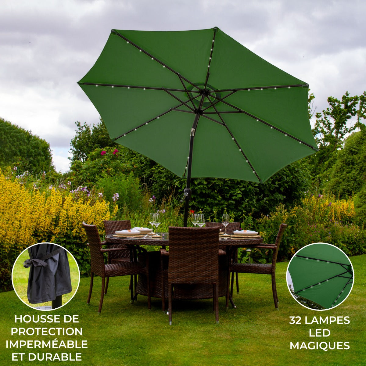 Parasol Vert 270 cm avec 32 LED's Intégrés