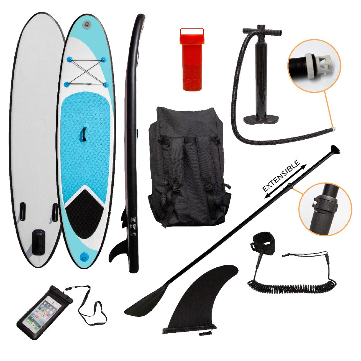 Planche de SUP gonflable de 3 m en bleu, avec pagaie, pompe, sac à dos, et accessoires pour une expérience nautique complète