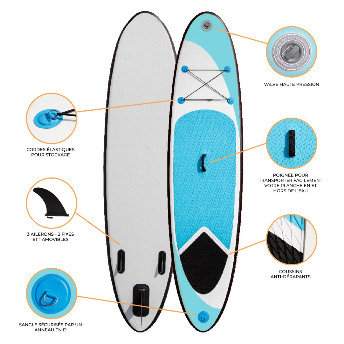 Planche de SUP gonflable de 3 m, bleu, avec surface antidérapante, cordes de stockage, et trois ailerons pour la stabilité