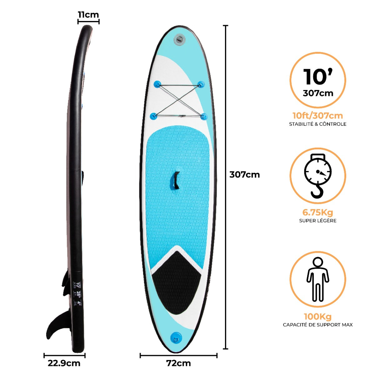 Planche de SUP gonflable de 3 m, bleu vif avec un design élégant, surface antidérapante et bords arrondis pour une stabilité optimale