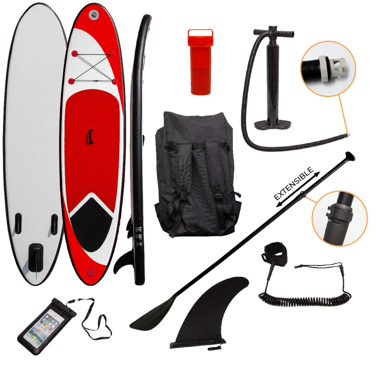 Planche de SUP gonflable rouge de 3 m avec pagaie, pompe, sac à dos, et accessoires, surface lisse et design sportif