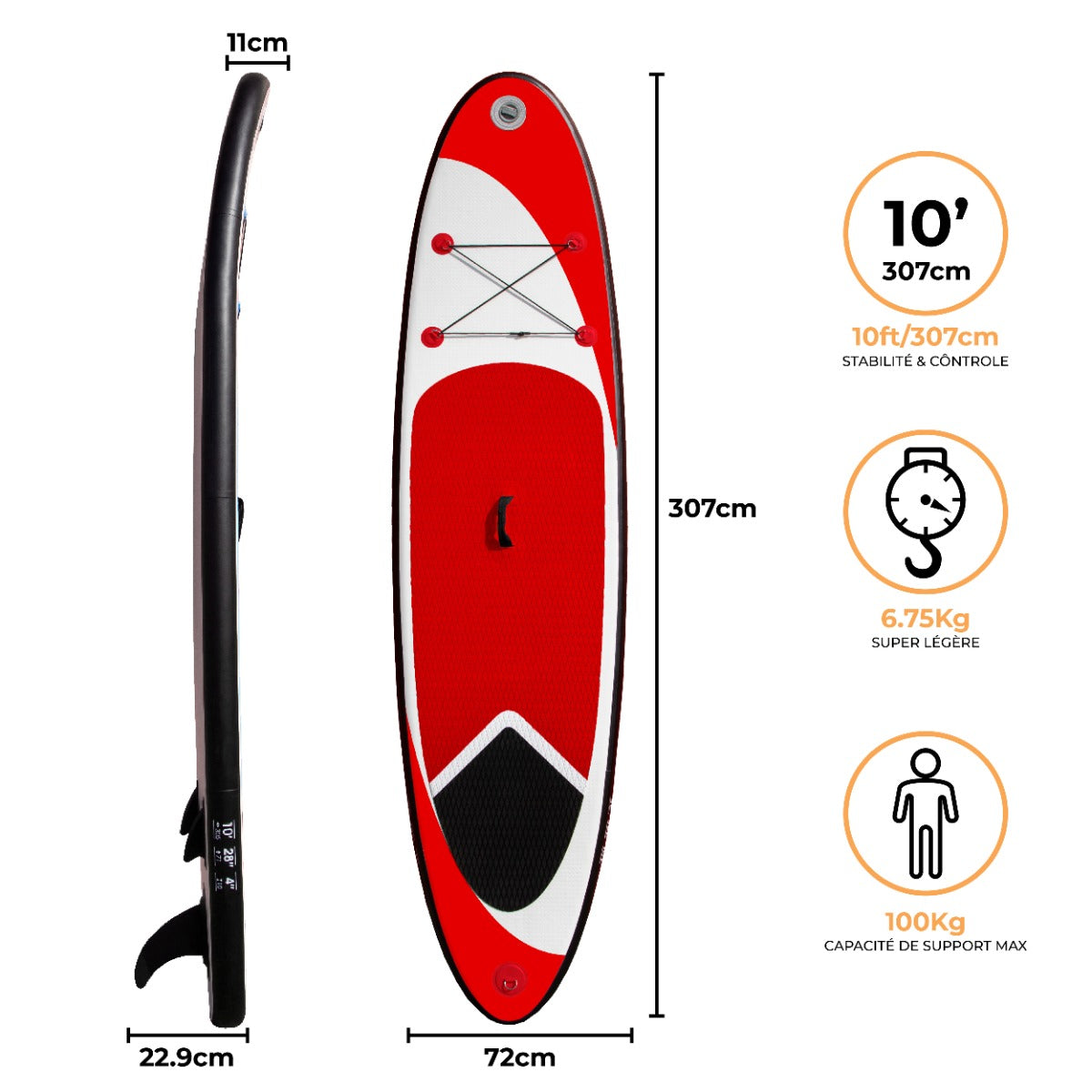 Planche de SUP gonflable rouge de 3 m avec surface texturée, bords noirs et design aérodynamique pour stabilité et contrôle