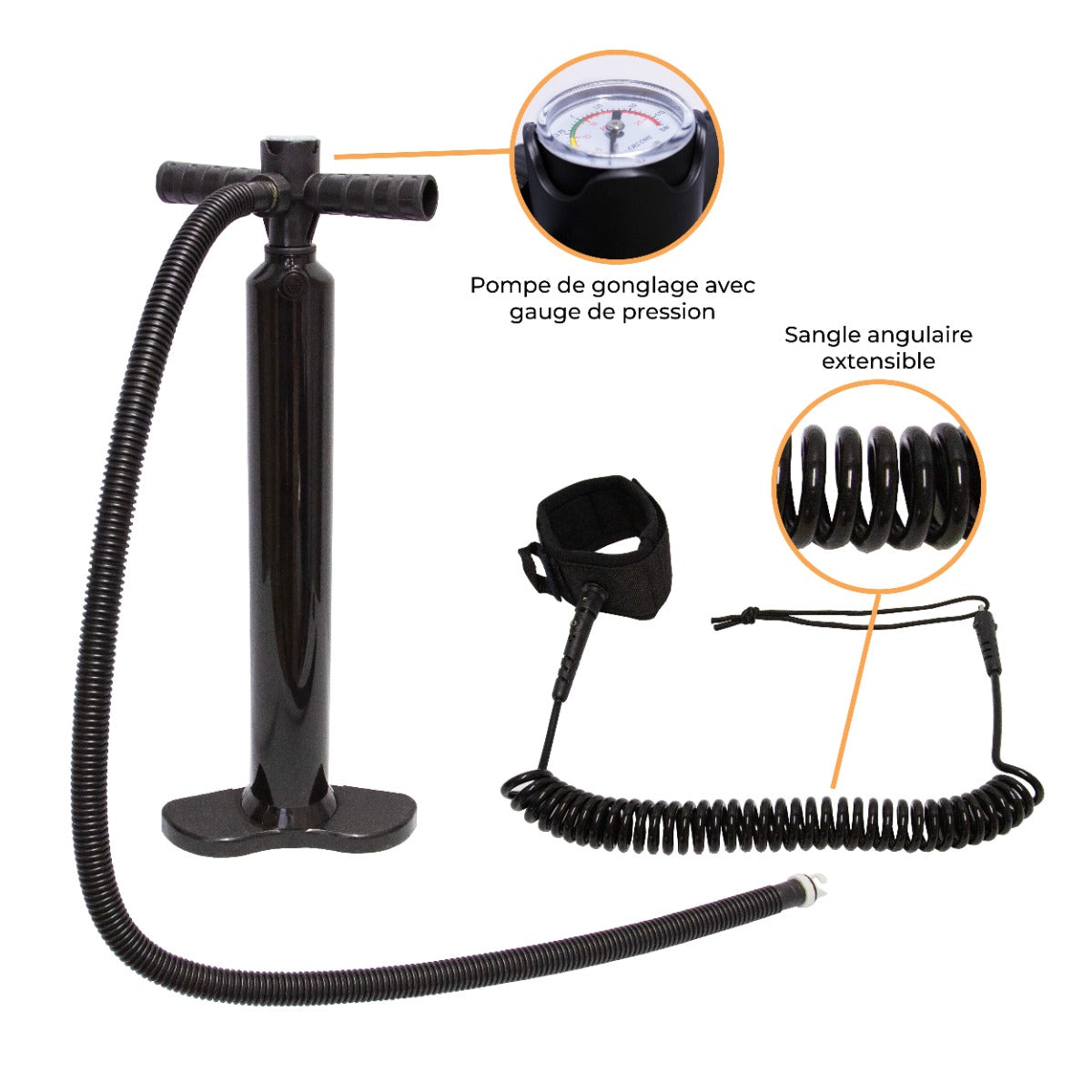 Pompe à gonflage noire avec manomètre, tuyau flexible et sangle angulaire extensible, idéale pour planche de SUP rouge de 3 m
