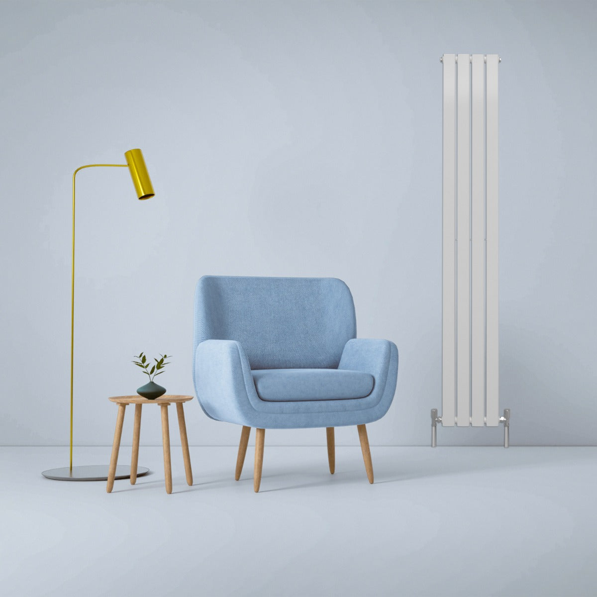 Radiateur plat blanc à deux panneaux, élégant et moderne, installé sur un mur, avec un fauteuil bleu et une lampe jaune à proximité