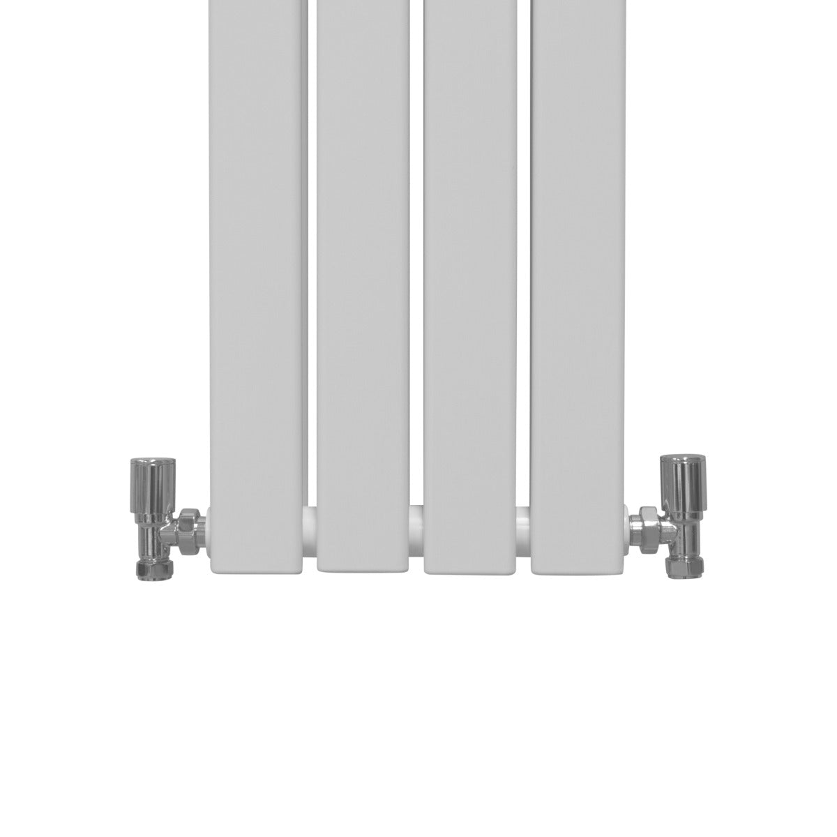 Radiateur plat à deux panneaux, dimensions 1800 x 280 mm, finition blanche lisse avec des raccords en métal argenté et design moderne