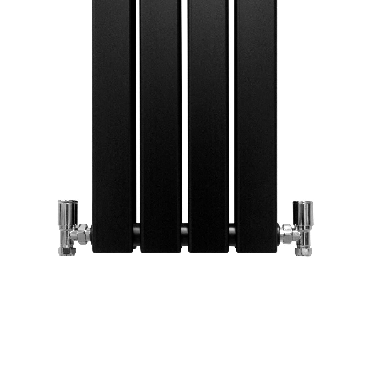 Radiateur plat noir à deux panneaux, dimensions 1800 x 280 mm, avec des connexions chromées et une finition lisse et moderne