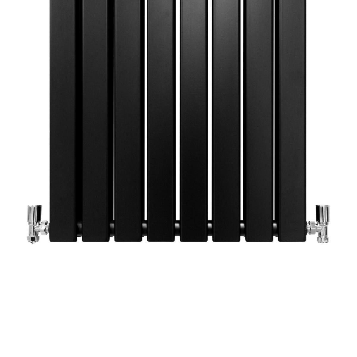 Radiateur plat noir à deux panneaux, dimensions 1800 x 560 mm, avec une finition lisse et des raccords chromés élégants