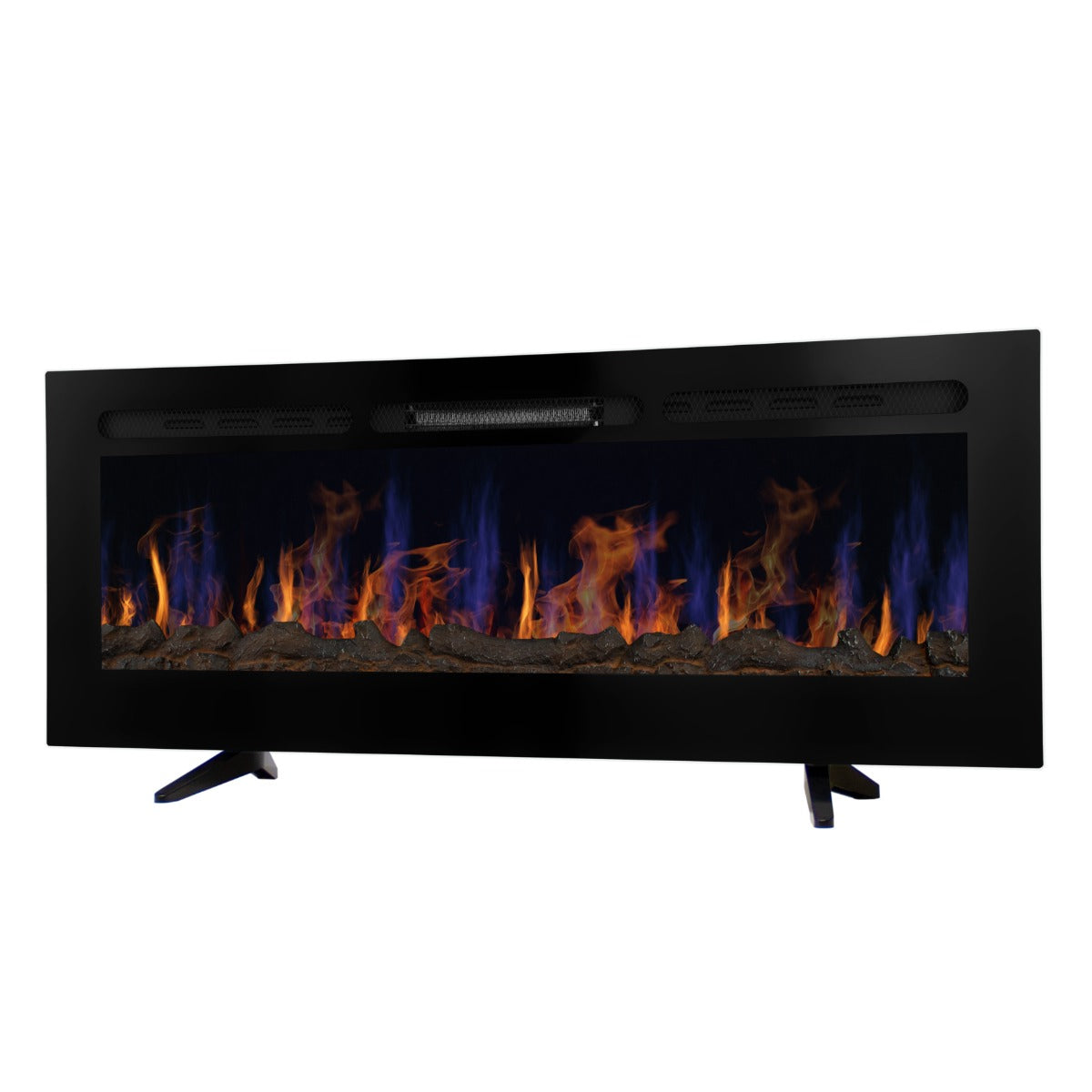 Cheminée électrique moderne de 127 cm avec un cadre noir, affichant des flammes réalistes en bleu et orange sur un fond de pierres
