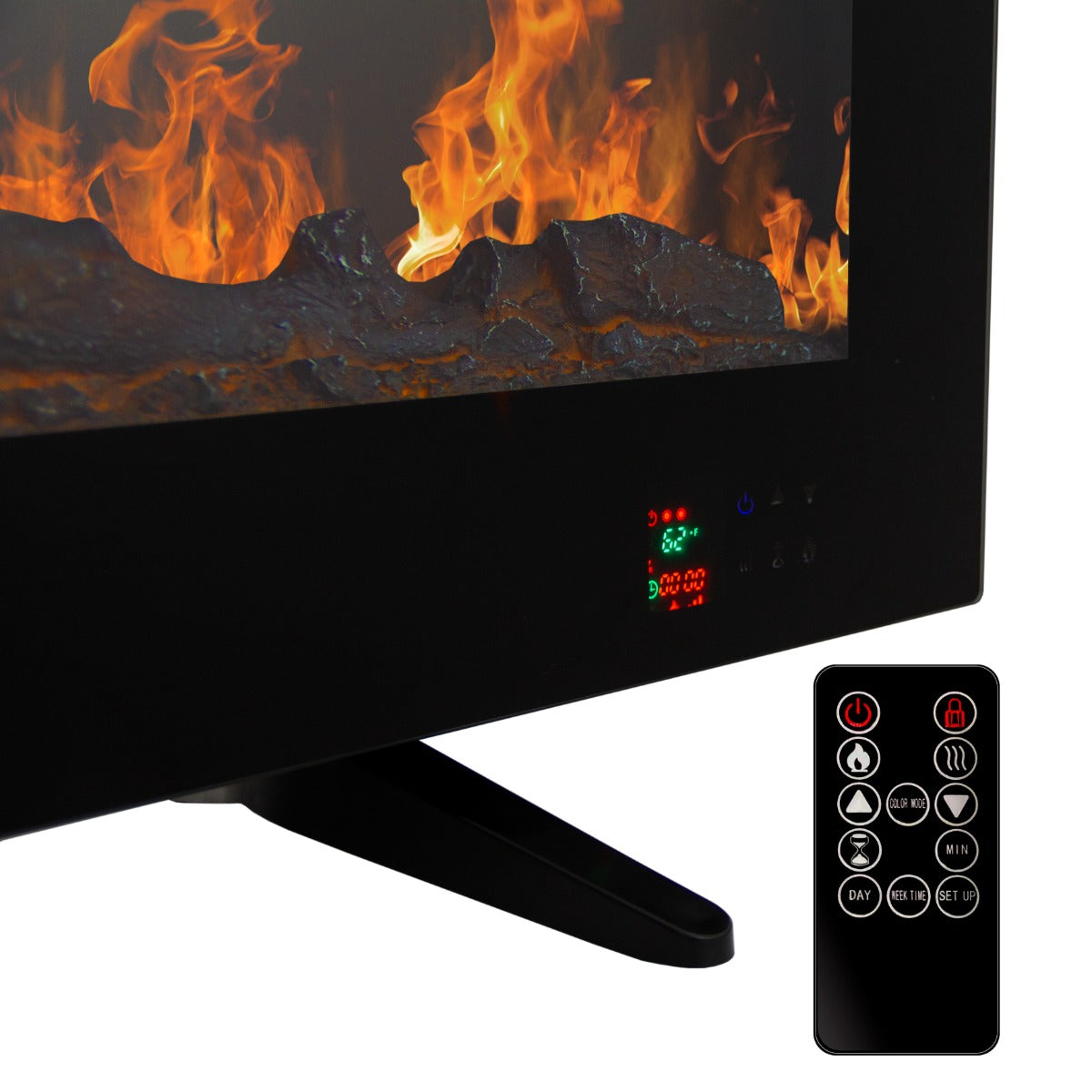 Cheminée électrique de 127 cm avec un écran affichant des flammes réalistes, télécommande noire à côté, design moderne et élégant