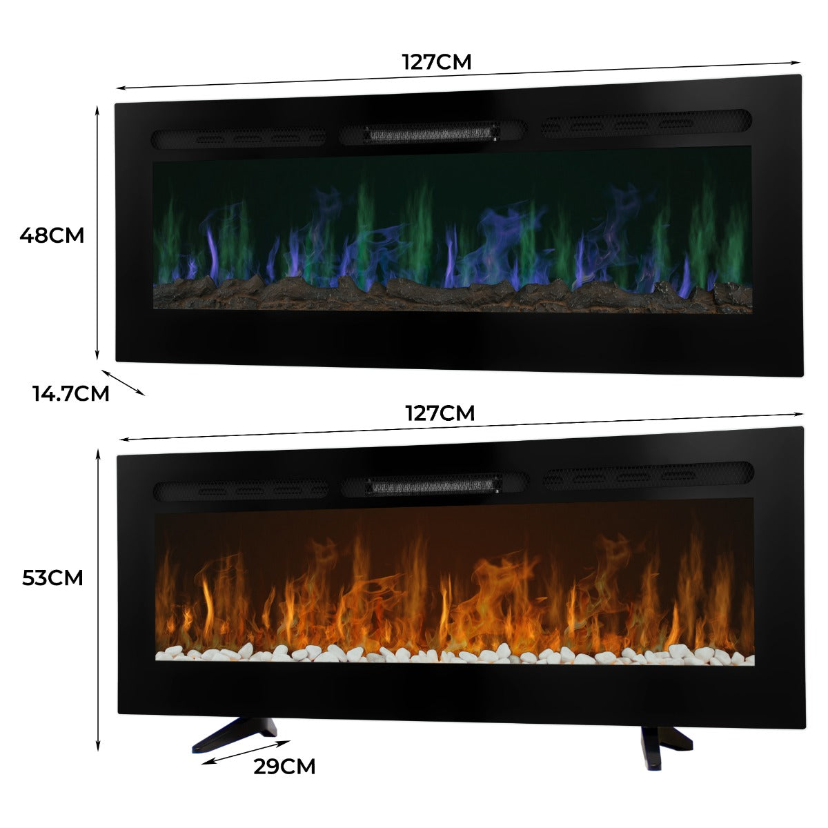 Cheminée électrique moderne de 127 cm avec éclairage LED bleu et vert, façade noire élégante et pierres décoratives blanches