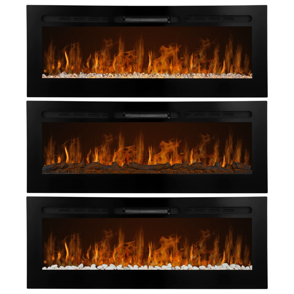 Cheminée électrique moderne de 127 cm avec un cadre noir, affichant des flammes réalistes et des pierres décoratives blanches et grises