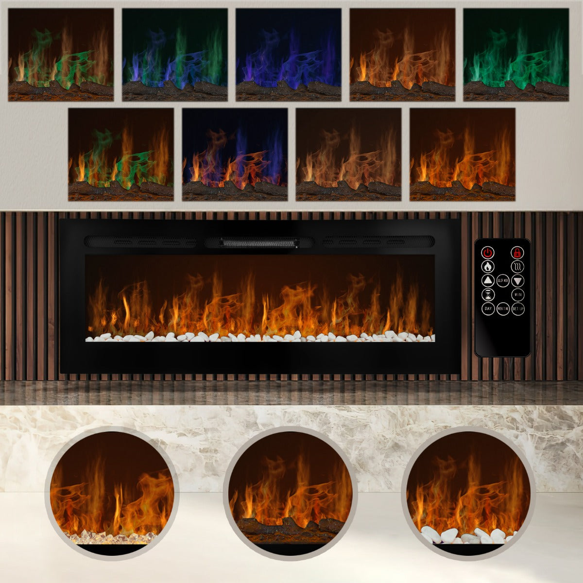 Cheminée électrique de 127 cm avec flammes colorées, pierres blanches, télécommande et design moderne sur fond en bois et marbre