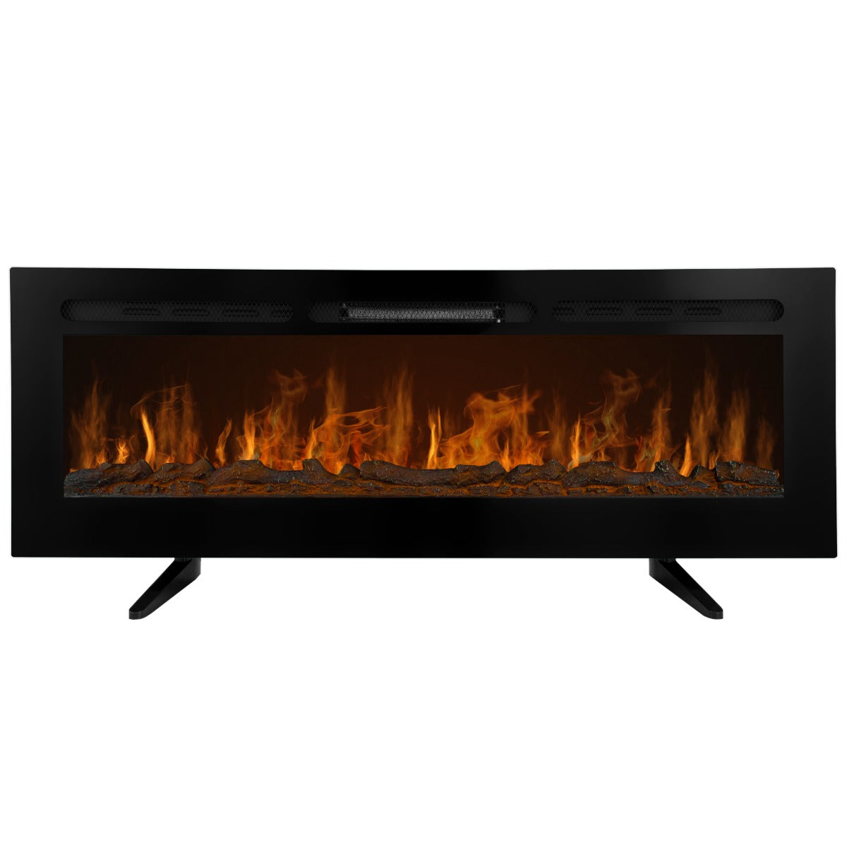 Cheminée électrique moderne de 152 cm avec un design noir élégant, affichant des flammes réalistes et un socle stable en métal
