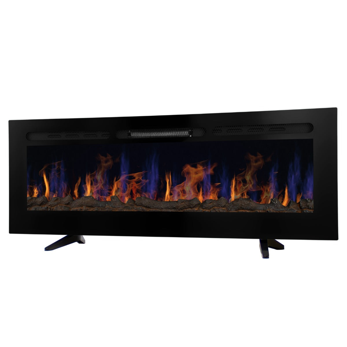 Cheminée électrique moderne de 152 cm avec un cadre noir, affichant des flammes colorées en bleu et orange sur un fond réaliste en pierre